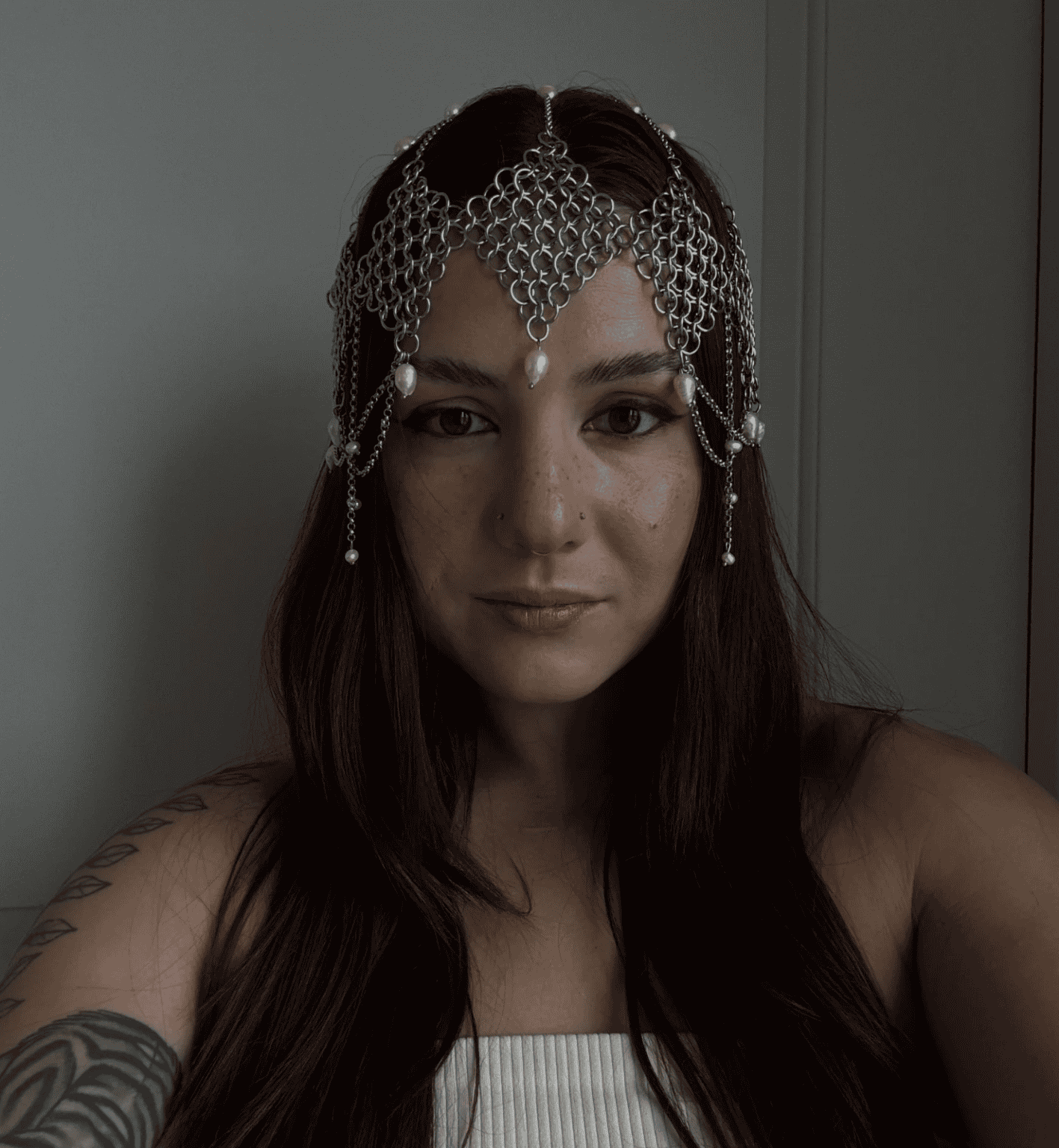 diadem chainmail pearl crown stainless steel headpiece