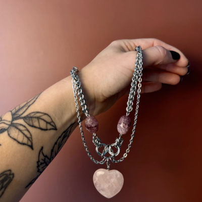 rose quartz heart choker necklace detail