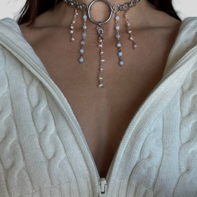 halo pearl chainmail necklace worn neckline celestial styling