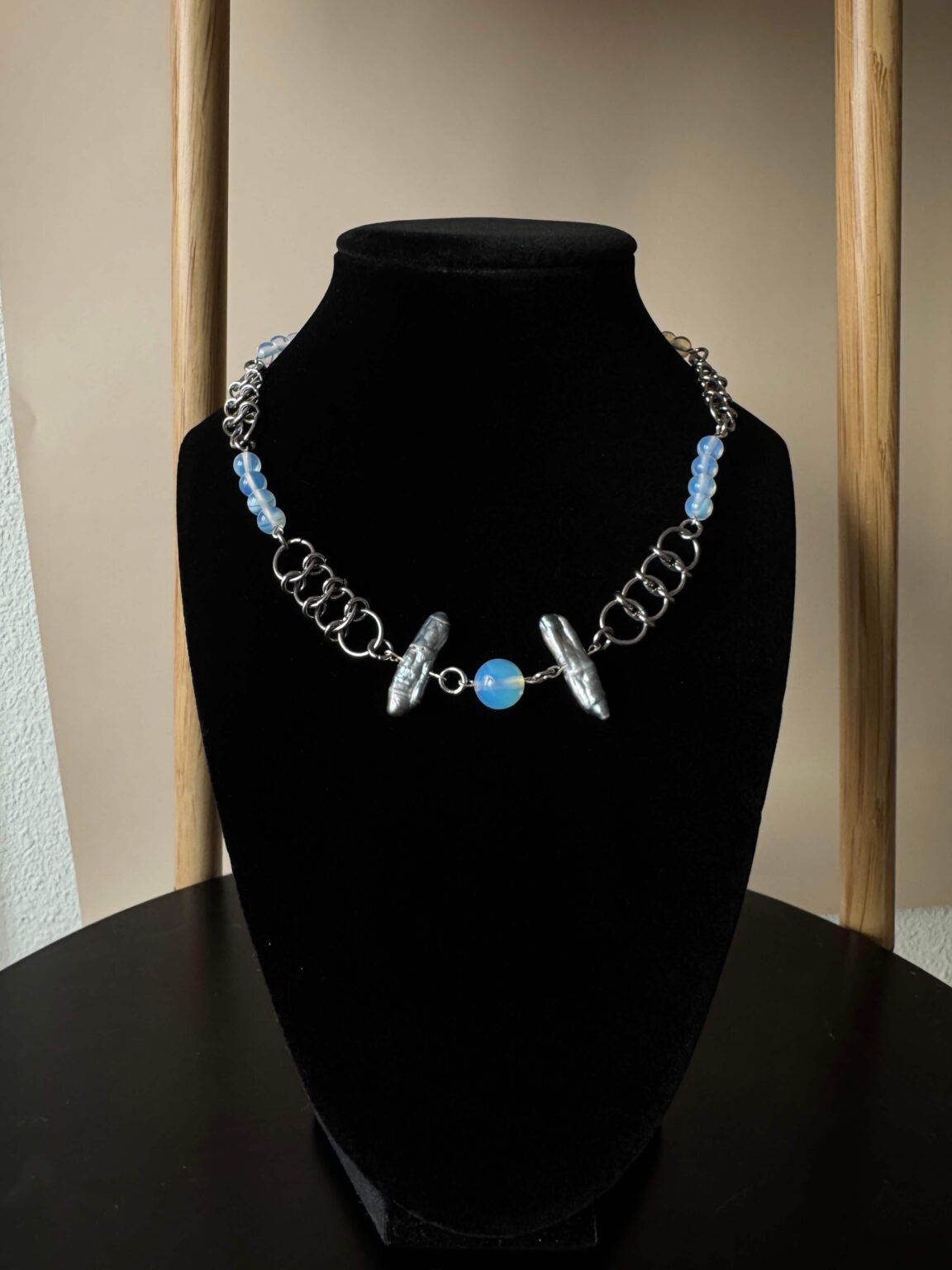 nixie pearl and opalite bead necklace baroque pearl stainless steel