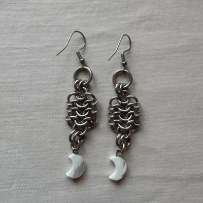 Handcrafted pearl moon chainmail earrings made from stainless steel with crescent details