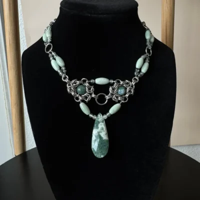 elowen moss agate statement necklace jade prehnite chainmail