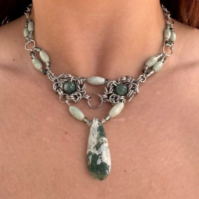 elowen moss agate necklace worn neckline