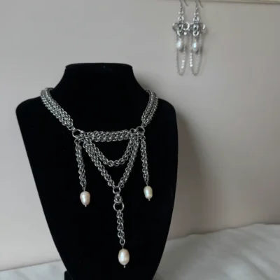 Handmade custom chainmail necklace with freshwater pearls and matching earrings