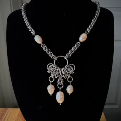 maeve baroque pearl statement necklace stainless steel chainmail