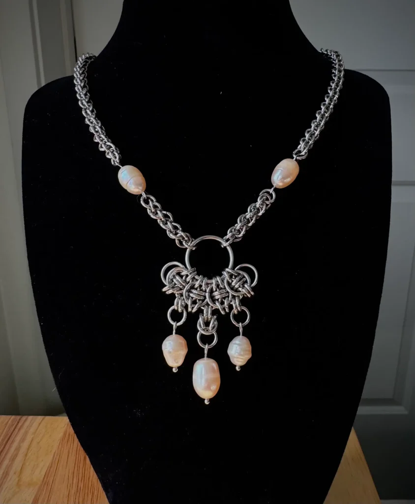 maeve baroque pearl statement necklace stainless steel chainmail