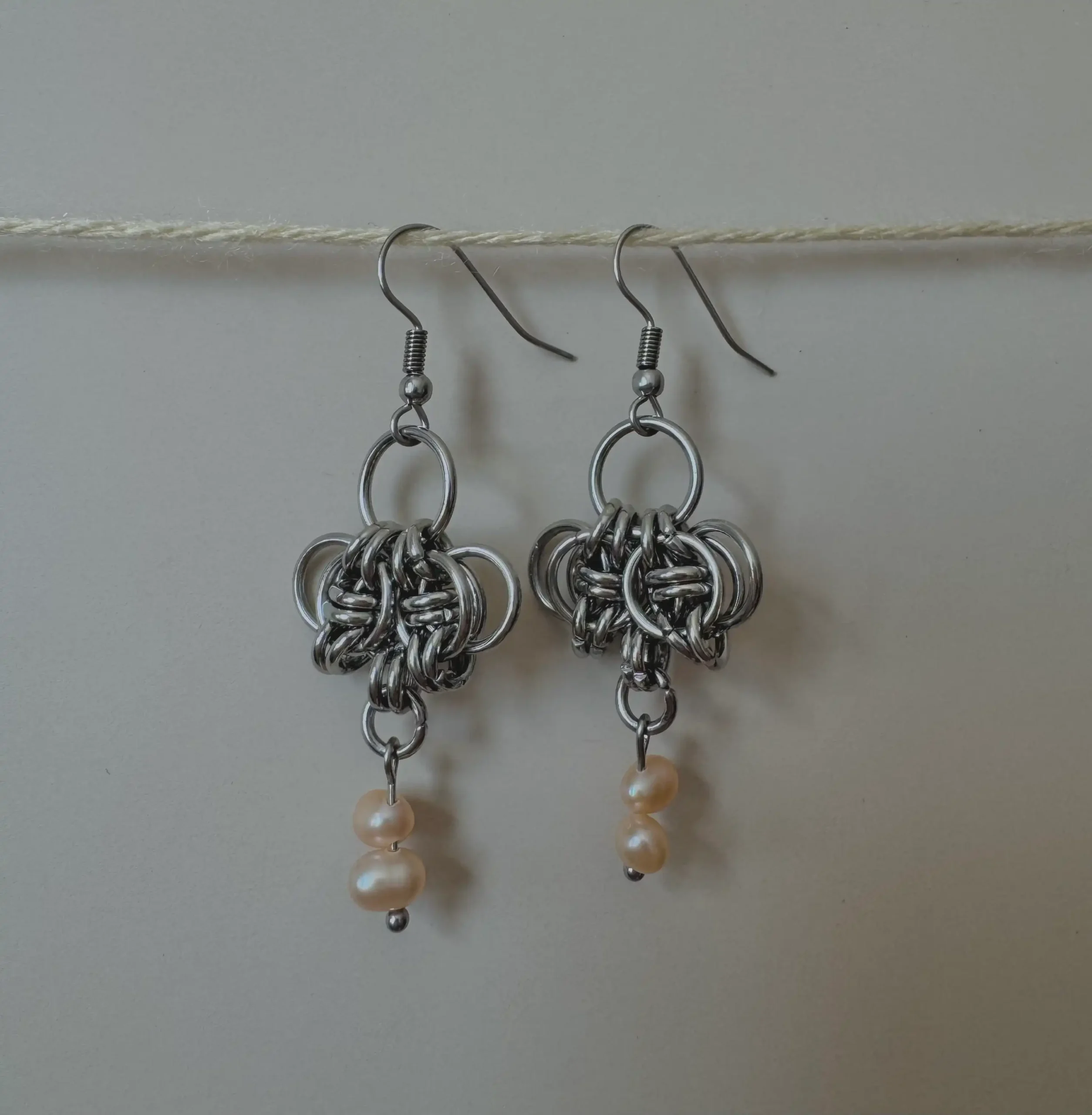 maeve li baroque pearl earrings stainless steel chainmail