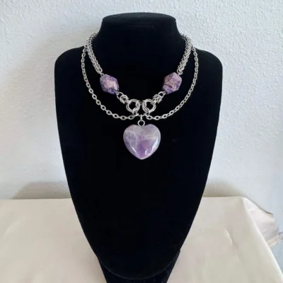 Amarah purple gemstone chainmail necklace with purple stones and heart pendant