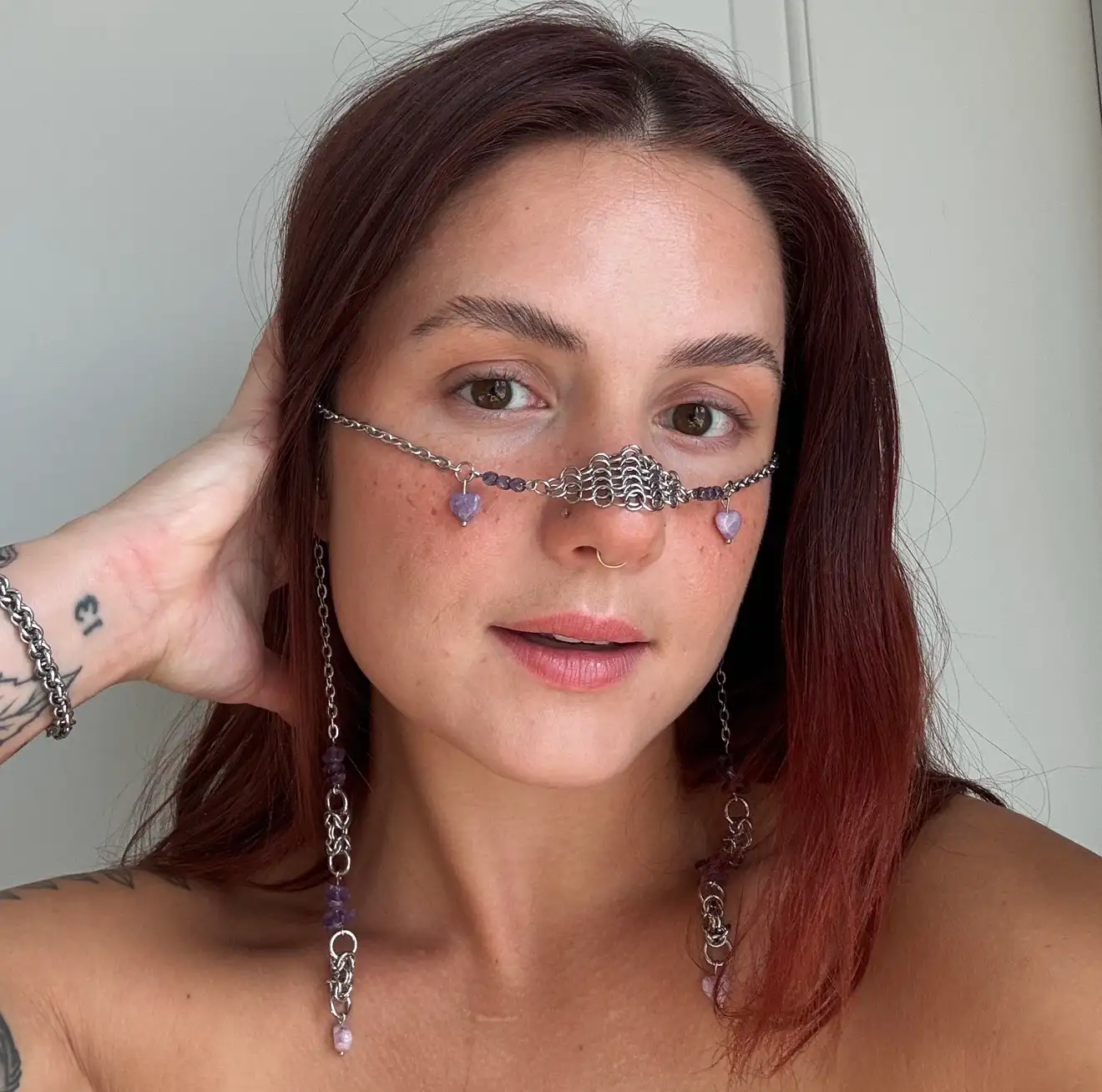 Amethyst face chain with purple gemstones and silver chain