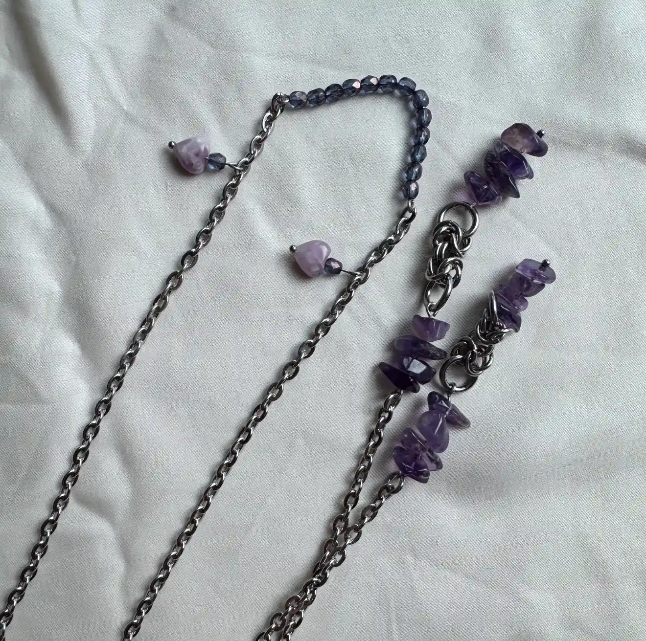 Amethyst face chain with silver chain and purple gemstone details