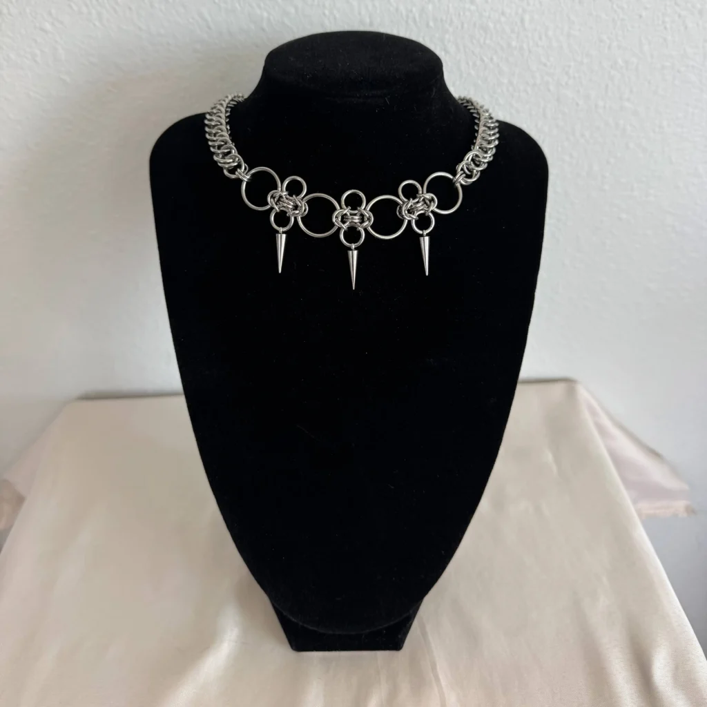 Manon chainmail spike necklace with three stainless steel spike pendants