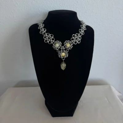 Marigold gemstone chainmail necklace with yellow stones and dangling gemstone pendant