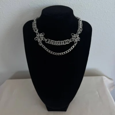 Marlowe layered chainmail necklace with woven stainless steel and draped chains