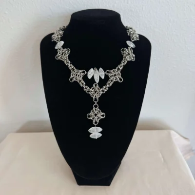 Seraphine moonstone chainmail necklace with woven stainless steel details and gemstone accents